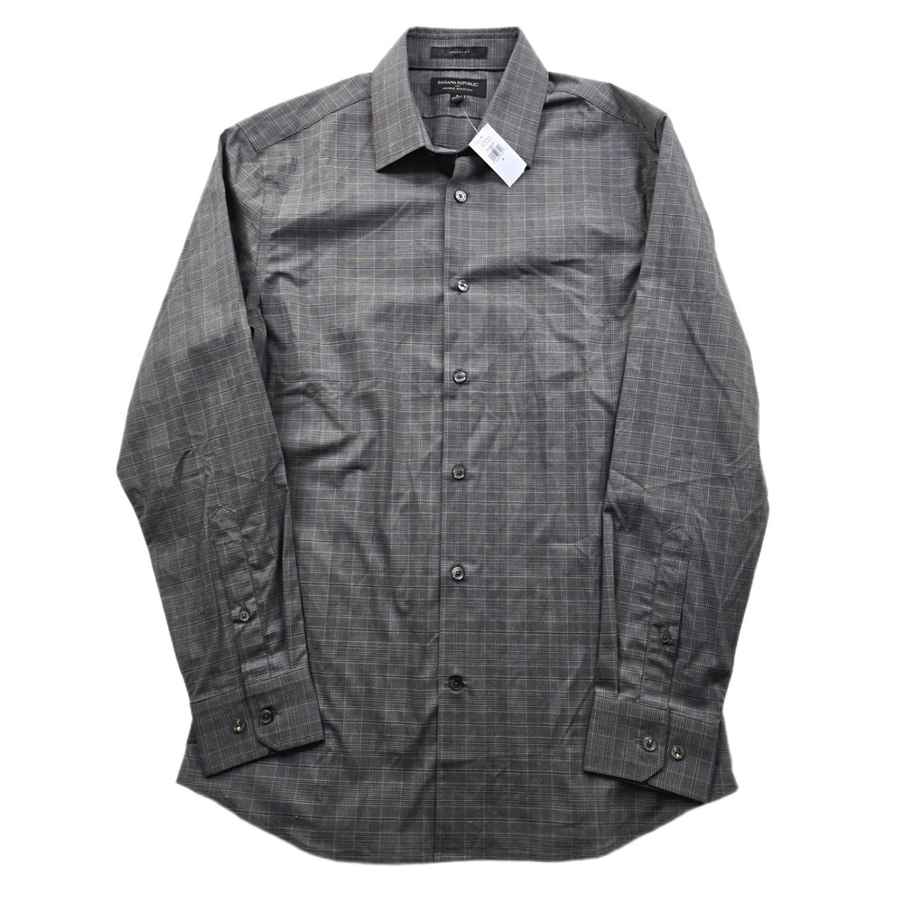 Banana Republic Casual Shirt Mens Small Grey Cotton Plaid Athletic Fit NEW